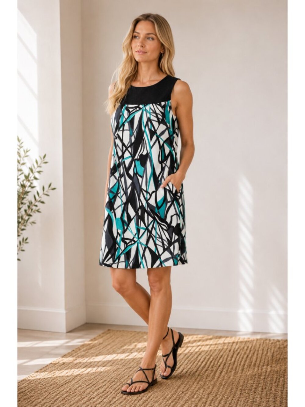 ALYX Abstract Print Shift Dress Black Teal Sleeveless Size 10